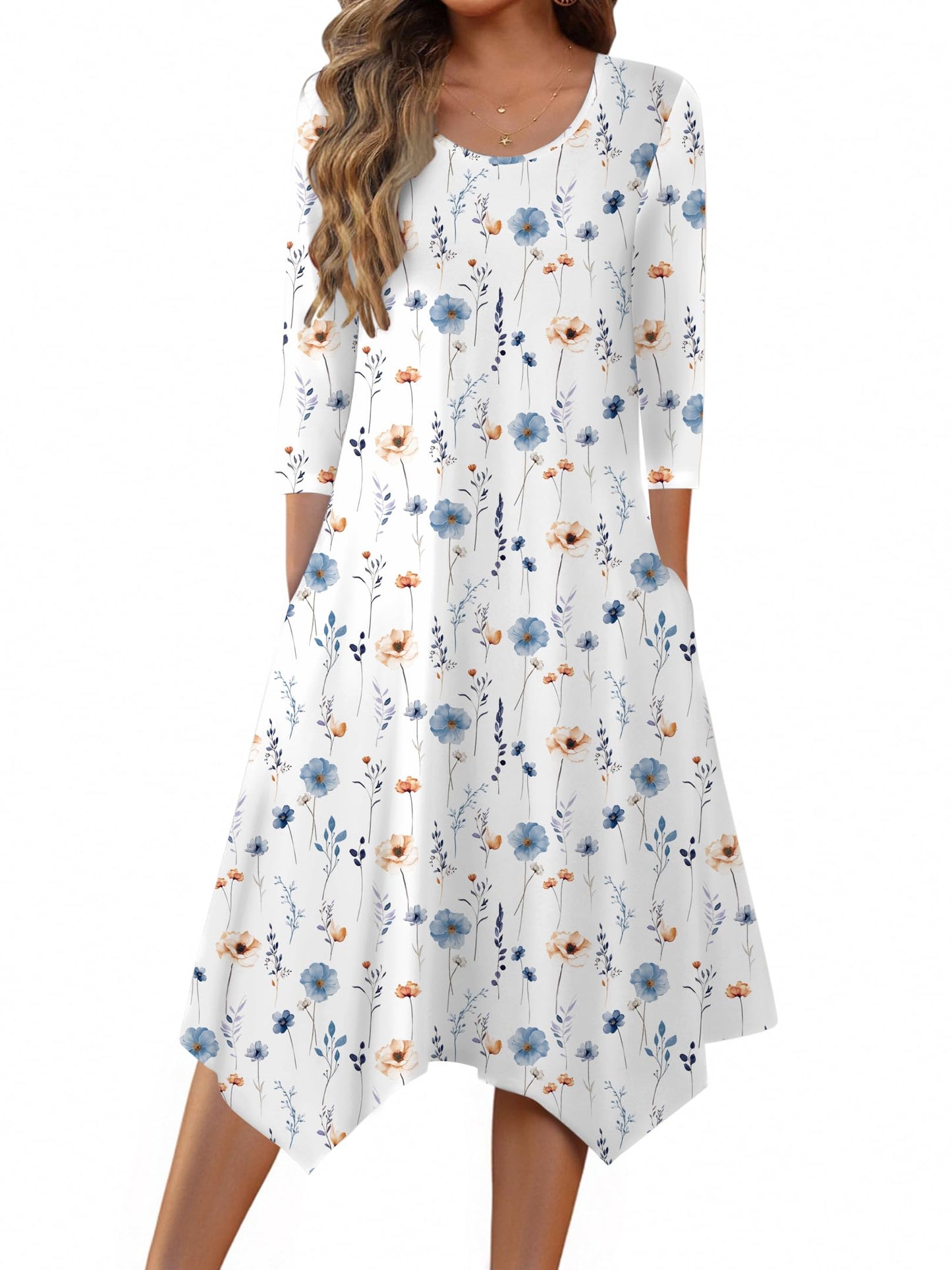 Zeagoo Midi Women 3/4 Sleeve Dress Casual Dresses with Pockets 2025 Fall A Line Dress Elegant Formal Modest Dresses