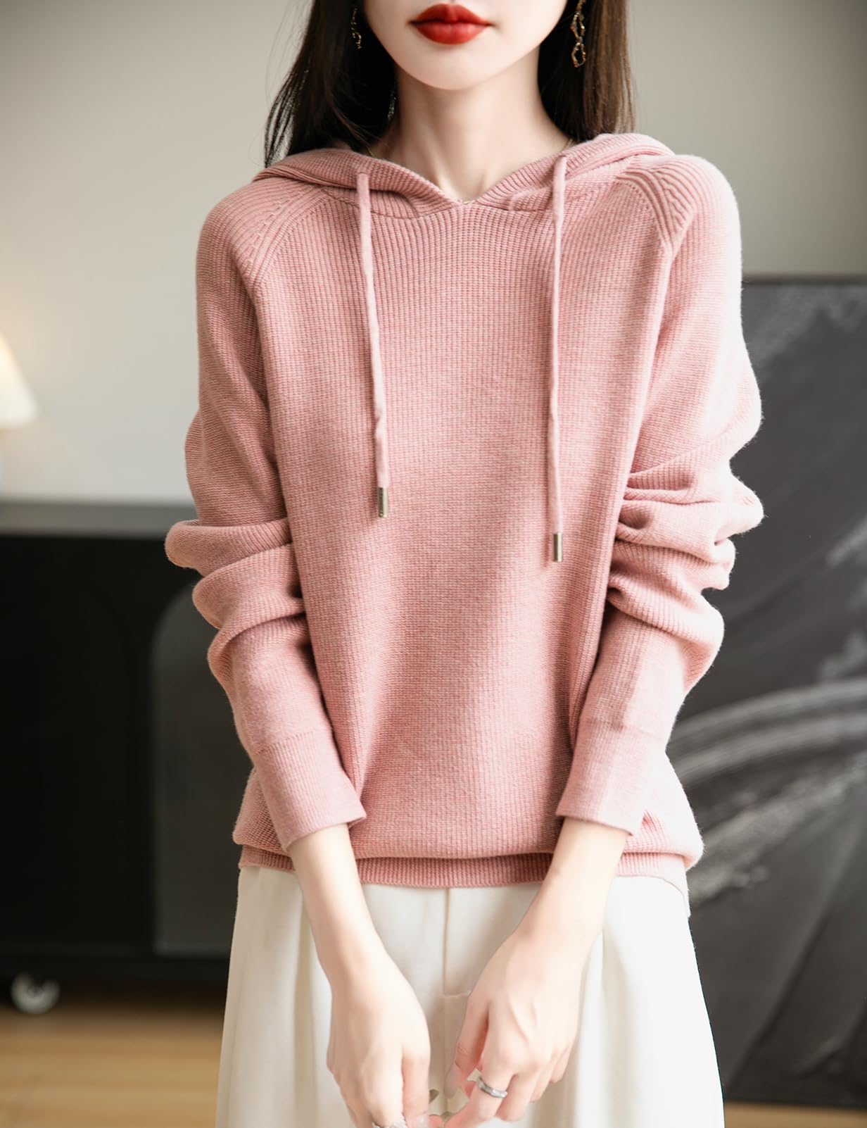 Women's Merino Wool Blend Hoodies 2025 Fall Winter Crewneck Sweatshirt Long Sleeve Knitted Sweater with Drawstring