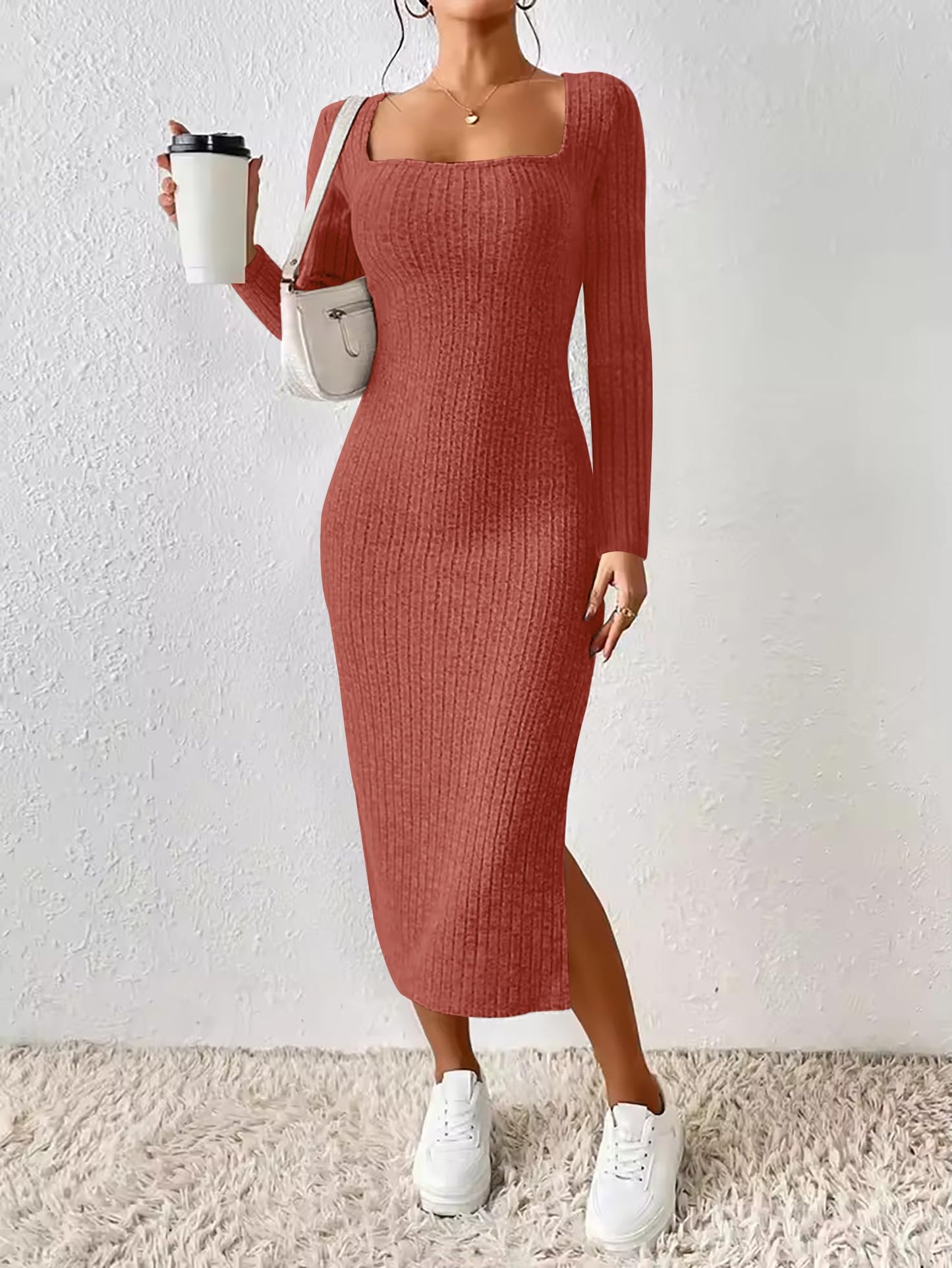 ETCYY NEW Womens Fall Dresses Square Neck Knitted Elastic Basic Winter Bodycon Versatile Slit Dress