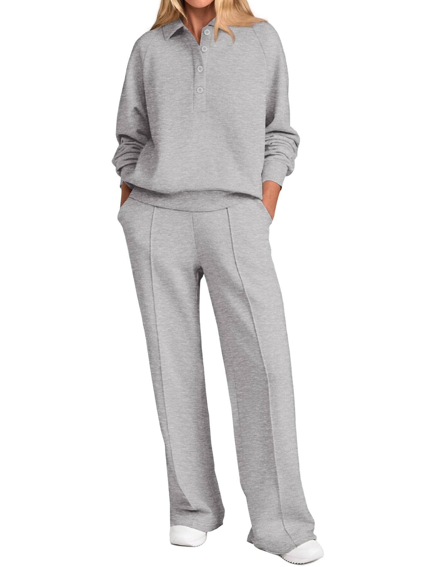 PRETTYGARDEN Women Fall 2 Piece Outfits Sweatsuits Quarter Button Long Sleeve Sweatshirt Wide Leg Pants Tracksuit Lounge Sets