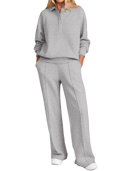 PRETTYGARDEN Women Fall 2 Piece Outfits Sweatsuits Quarter Button Long Sleeve Sweatshirt Wide Leg Pants Tracksuit Lounge Sets