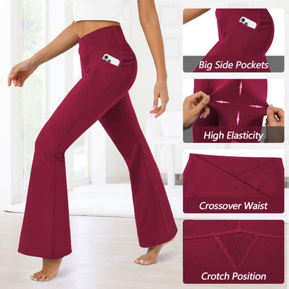 Women's Flare Leggings with Pockets-Crossover High Waisted Bootcut Yoga Pants-Tummy Control Bell Bottom Leggings