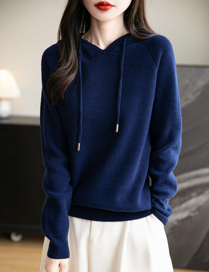 Women's Merino Wool Blend Hoodies 2025 Fall Winter Crewneck Sweatshirt Long Sleeve Knitted Sweater with Drawstring