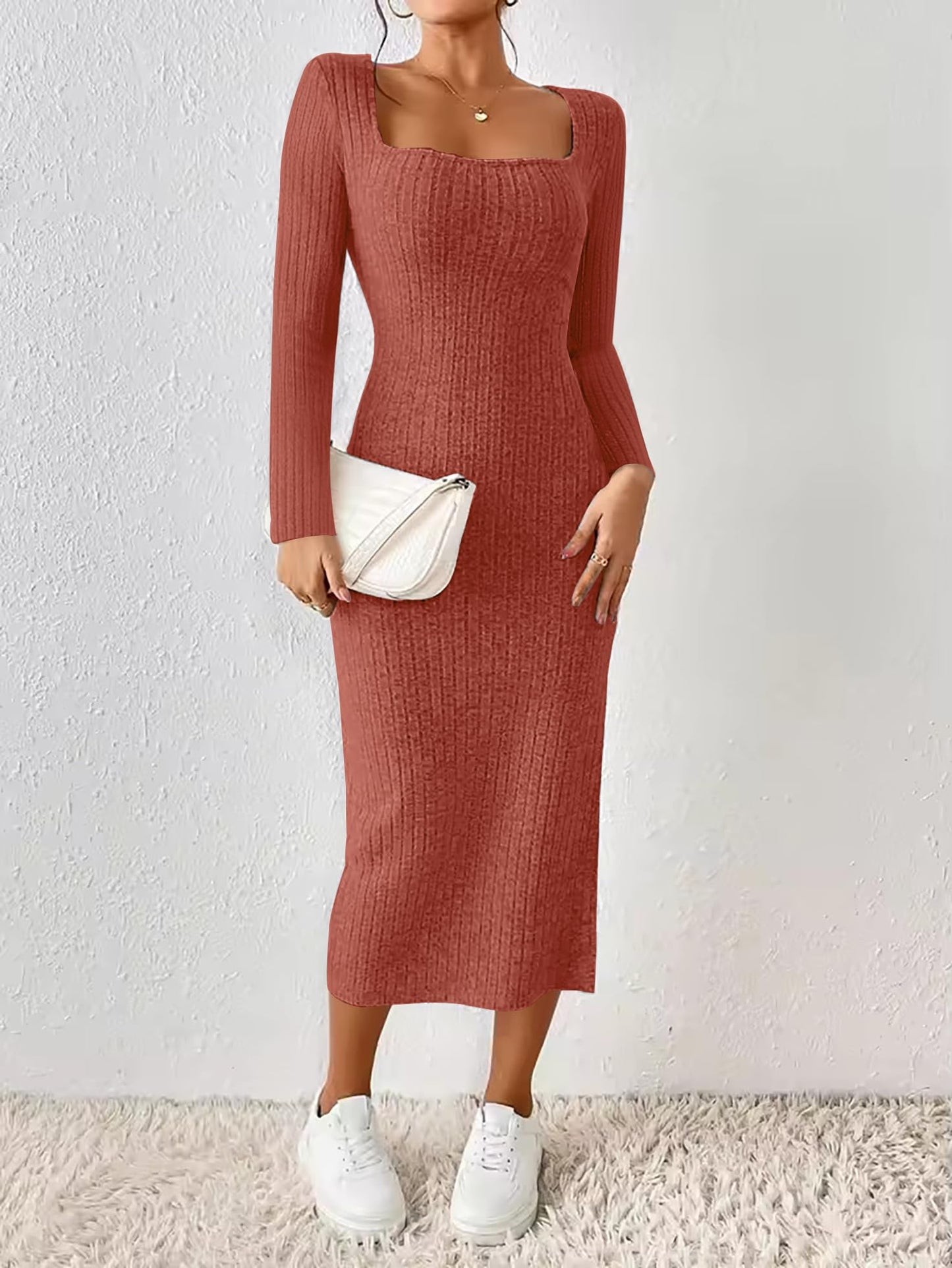 ETCYY NEW Womens Fall Dresses Square Neck Knitted Elastic Basic Winter Bodycon Versatile Slit Dress