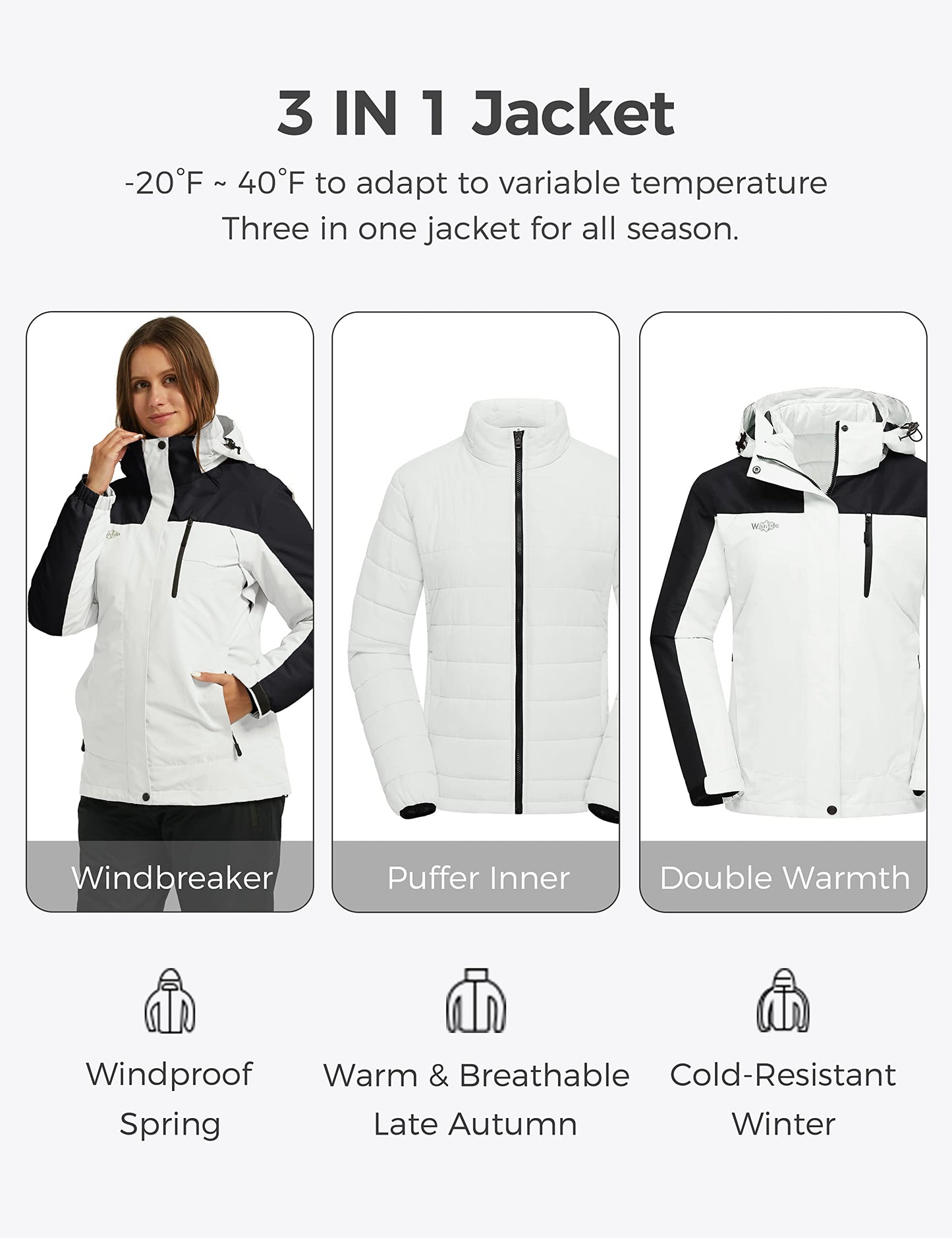 wantdo Women's 3 in 1 Waterproof Ski Jacket Windproof Winter Snow Coat Snowboarding Jackets Warm Raincoat