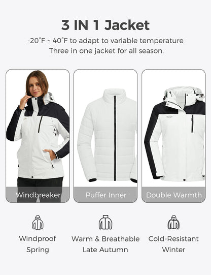 wantdo Women's 3 in 1 Waterproof Ski Jacket Windproof Winter Snow Coat Snowboarding Jackets Warm Raincoat