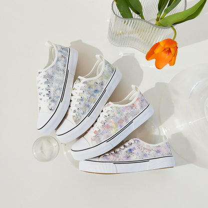 kufeiti Women's White Tennis Shoes Embroidered Sequins Low Top Canvas Shoes Comfortable Casual Fashion Sneakers