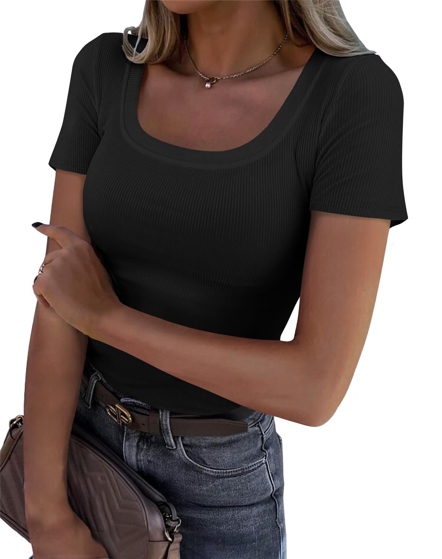 Roselux Women's Summer Scoop Neck Short Sleeve T-Shirts Ribbed Knit Slim Fitted Casual Basic Top