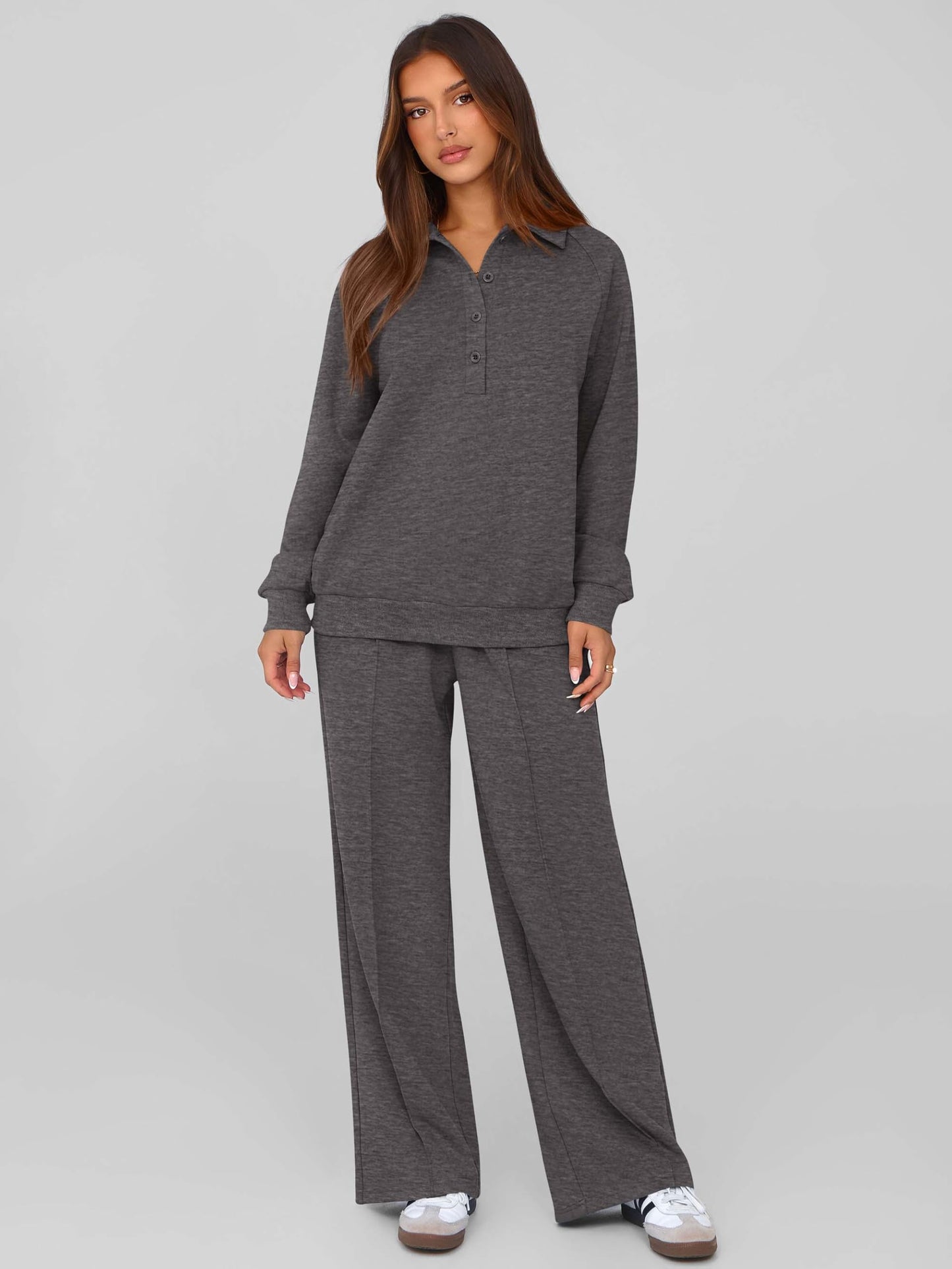 PRETTYGARDEN Women Fall 2 Piece Outfits Sweatsuits Quarter Button Long Sleeve Sweatshirt Wide Leg Pants Tracksuit Lounge Sets