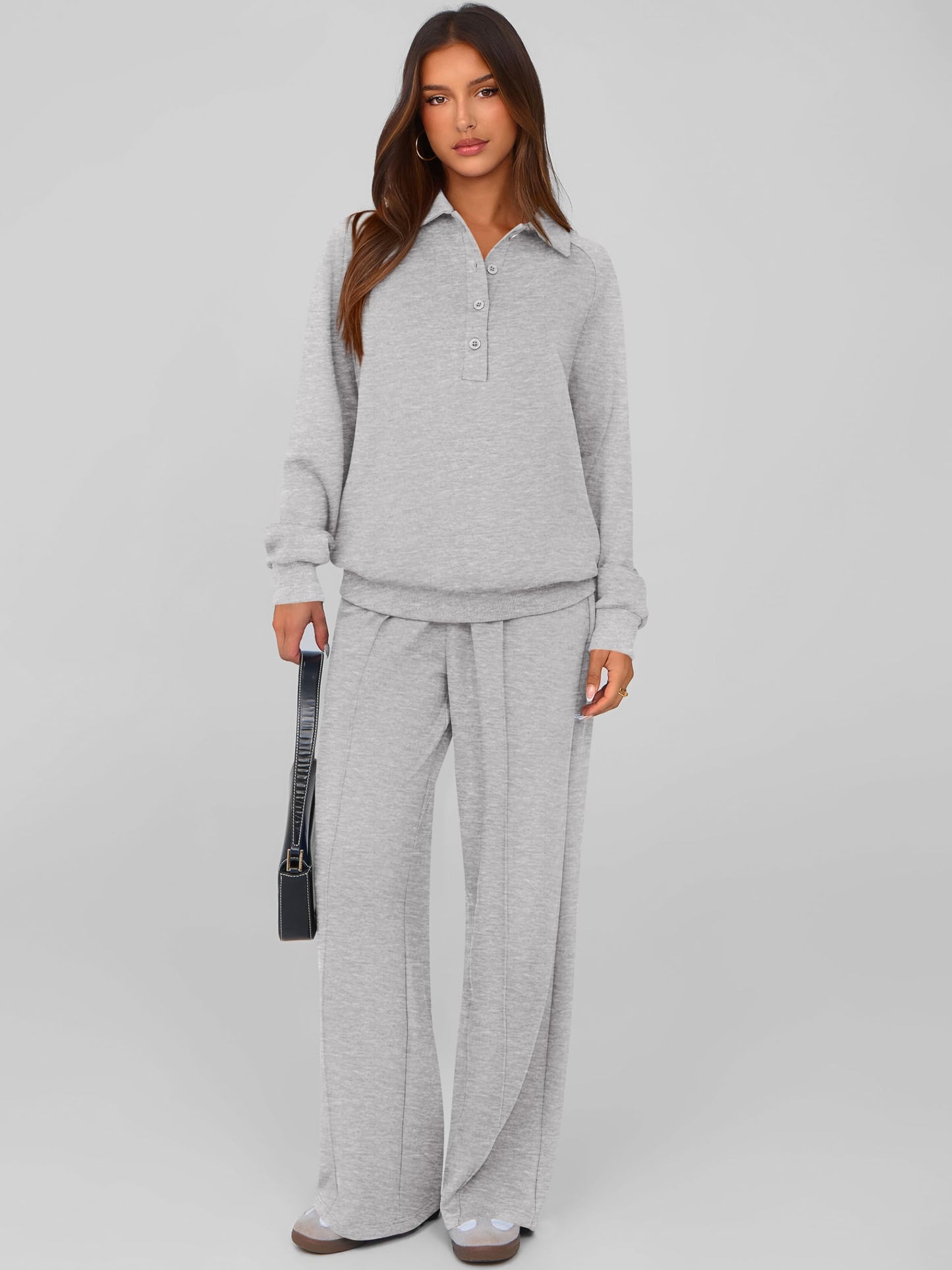 PRETTYGARDEN Women Fall 2 Piece Outfits Sweatsuits Quarter Button Long Sleeve Sweatshirt Wide Leg Pants Tracksuit Lounge Sets