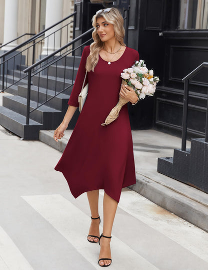 Zeagoo Midi Women 3/4 Sleeve Dress Casual Dresses with Pockets 2025 Fall A Line Dress Elegant Formal Modest Dresses