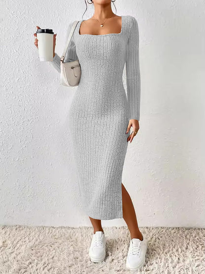 ETCYY NEW Womens Fall Dresses Square Neck Knitted Elastic Basic Winter Bodycon Versatile Slit Dress