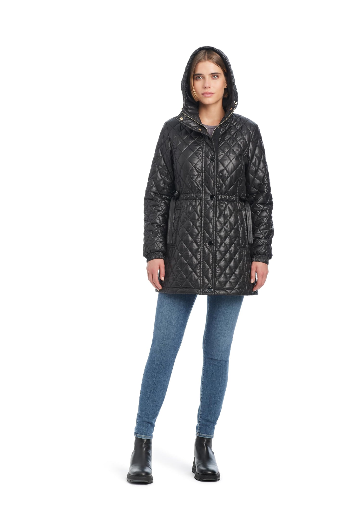 kate spade new york Women's Water Resistant Quilted Hooded Jacket with Adjustable Waist