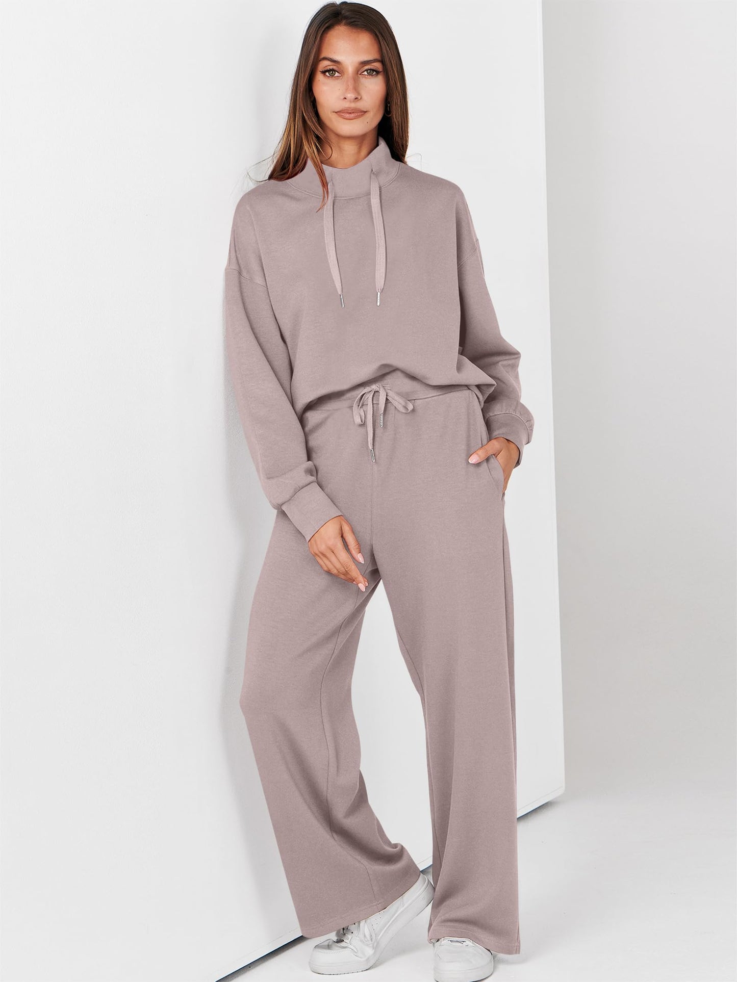 ANRABESS Womens 2 Piece Outfits Sweatsuit Set 2025 Fall Drawstring Sweatshirt Wide Leg Sweatpant Lounge Set Tracksuit