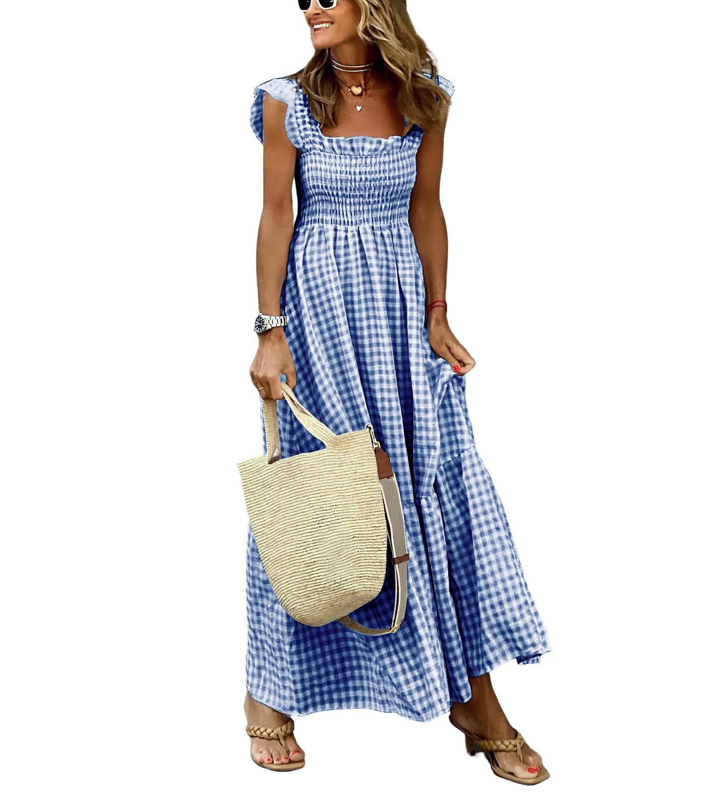 chouyatou Women's Retro Plaid Smocked Dress Spaghetti Strap Flounce Long Dress