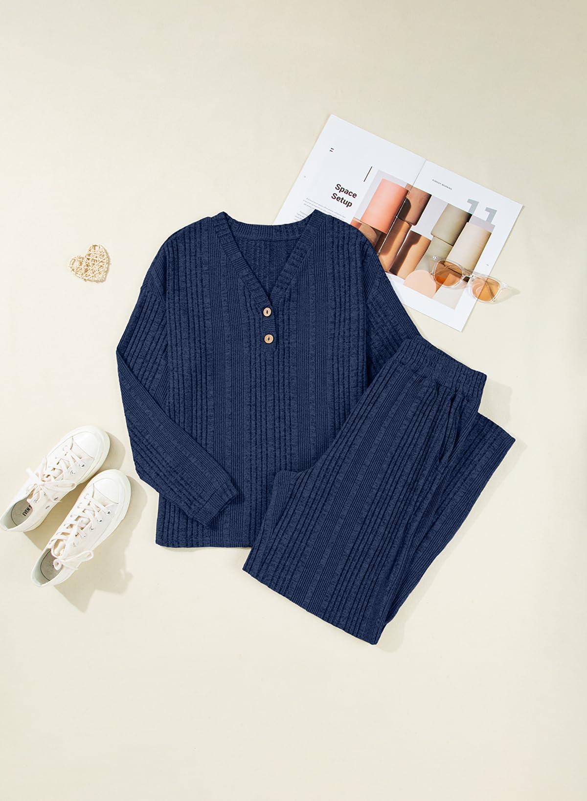 Dokotoo 2 Piece Lounge Sets for Women Ribbed Knit Button V Neck Long Sleeve Tops Matching Pants Pajamas Set 2025 Fall Outfits