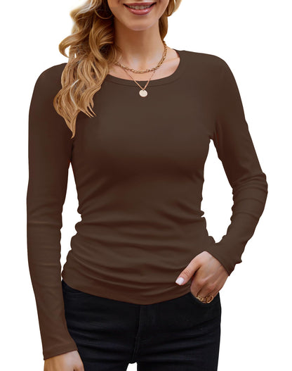 GEMBERA Womens Ribbed Long Sleeve Crewneck Casual Slim Basic Shirts Fitted Knit Tops