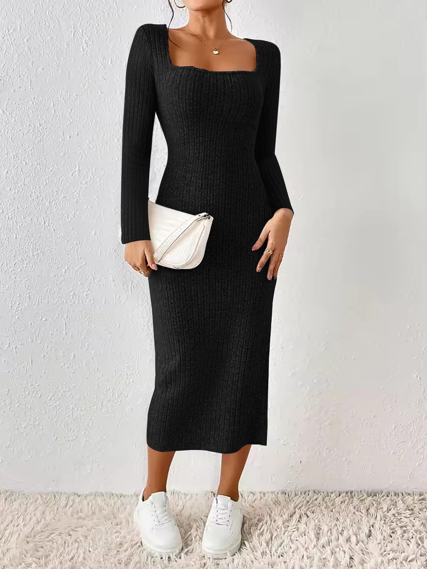 ETCYY NEW Womens Fall Dresses Square Neck Knitted Elastic Basic Winter Bodycon Versatile Slit Dress