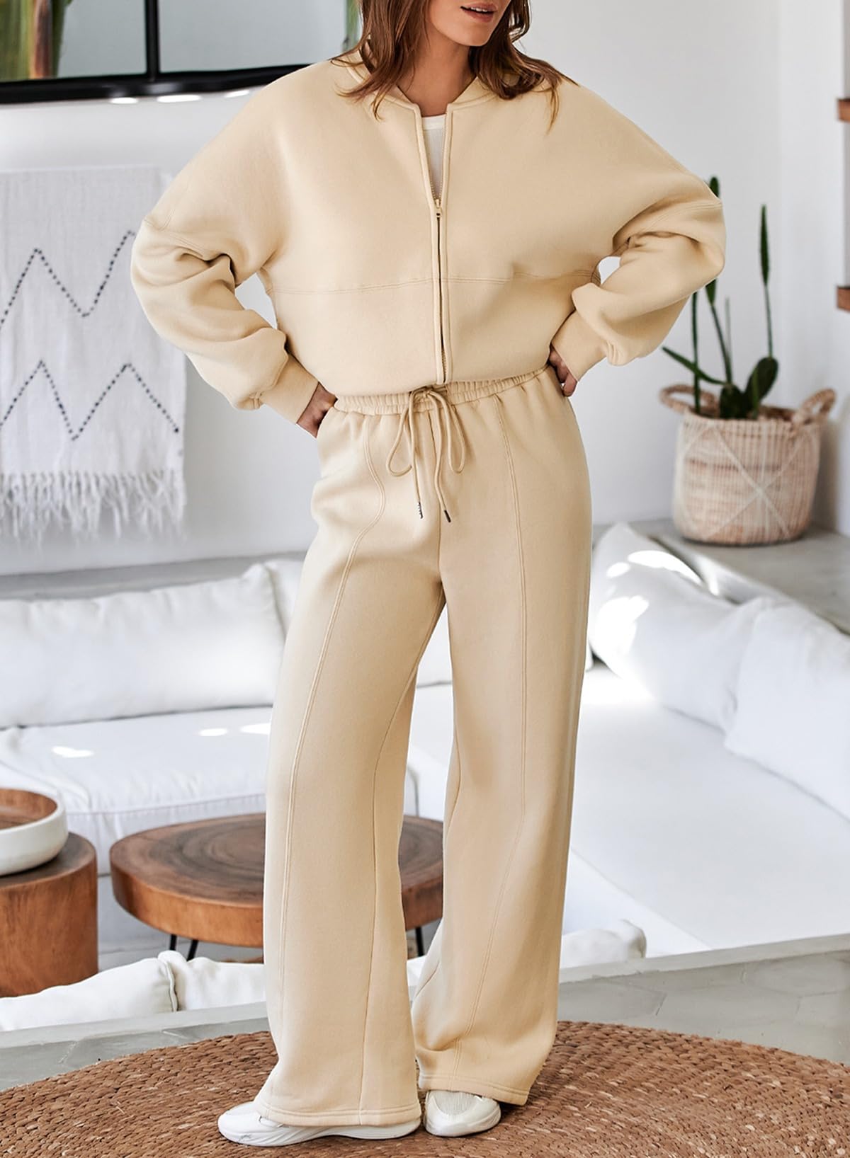 Aleumdr Women's 2 Piece Outfits Oversized Fleece Sweatsuit Zip Up Long Sleeve Sweatshirt with Wide Leg Sweatpants