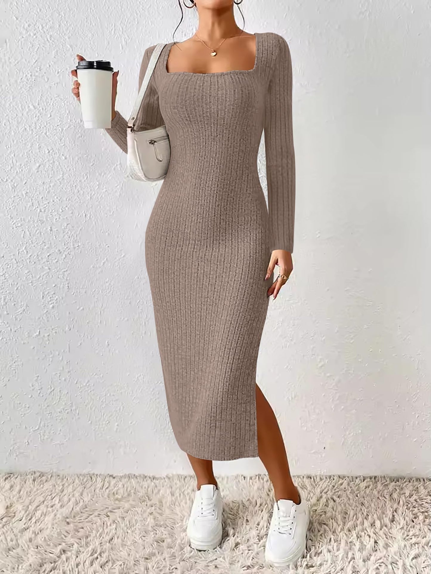 ETCYY NEW Womens Fall Dresses Square Neck Knitted Elastic Basic Winter Bodycon Versatile Slit Dress