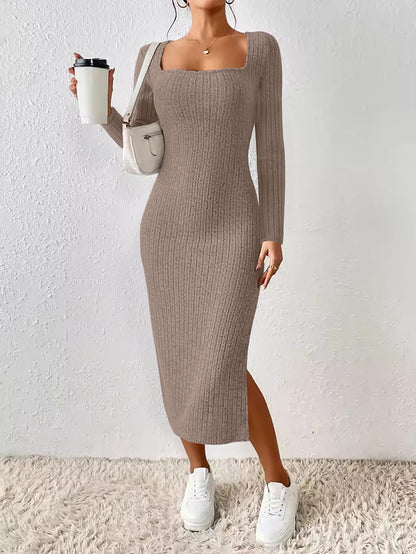 ETCYY NEW Womens Fall Dresses Square Neck Knitted Elastic Basic Winter Bodycon Versatile Slit Dress