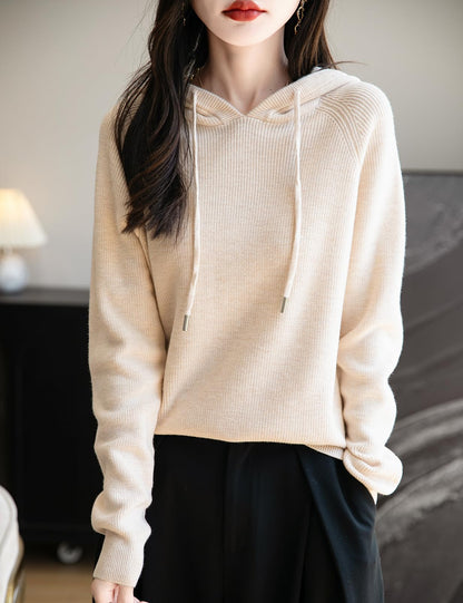 Women's Merino Wool Blend Hoodies 2025 Fall Winter Crewneck Sweatshirt Long Sleeve Knitted Sweater with Drawstring