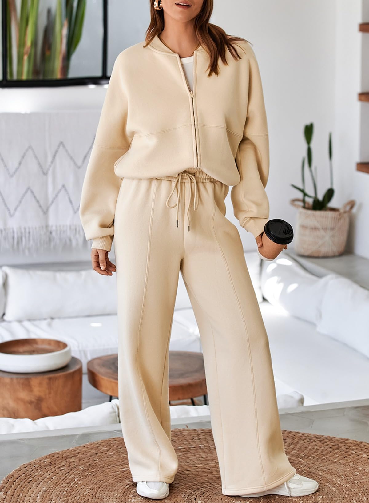 Aleumdr Women's 2 Piece Outfits Oversized Fleece Sweatsuit Zip Up Long Sleeve Sweatshirt with Wide Leg Sweatpants
