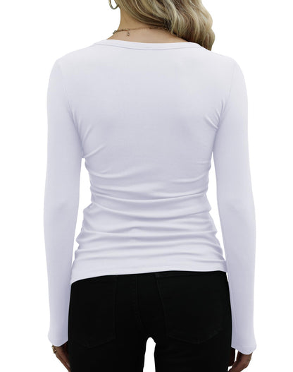 GEMBERA Womens Ribbed Long Sleeve Crewneck Casual Slim Basic Shirts Fitted Knit Tops