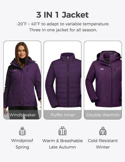 wantdo Women's 3 in 1 Waterproof Ski Jacket Windproof Winter Snow Coat Snowboarding Jackets Warm Raincoat