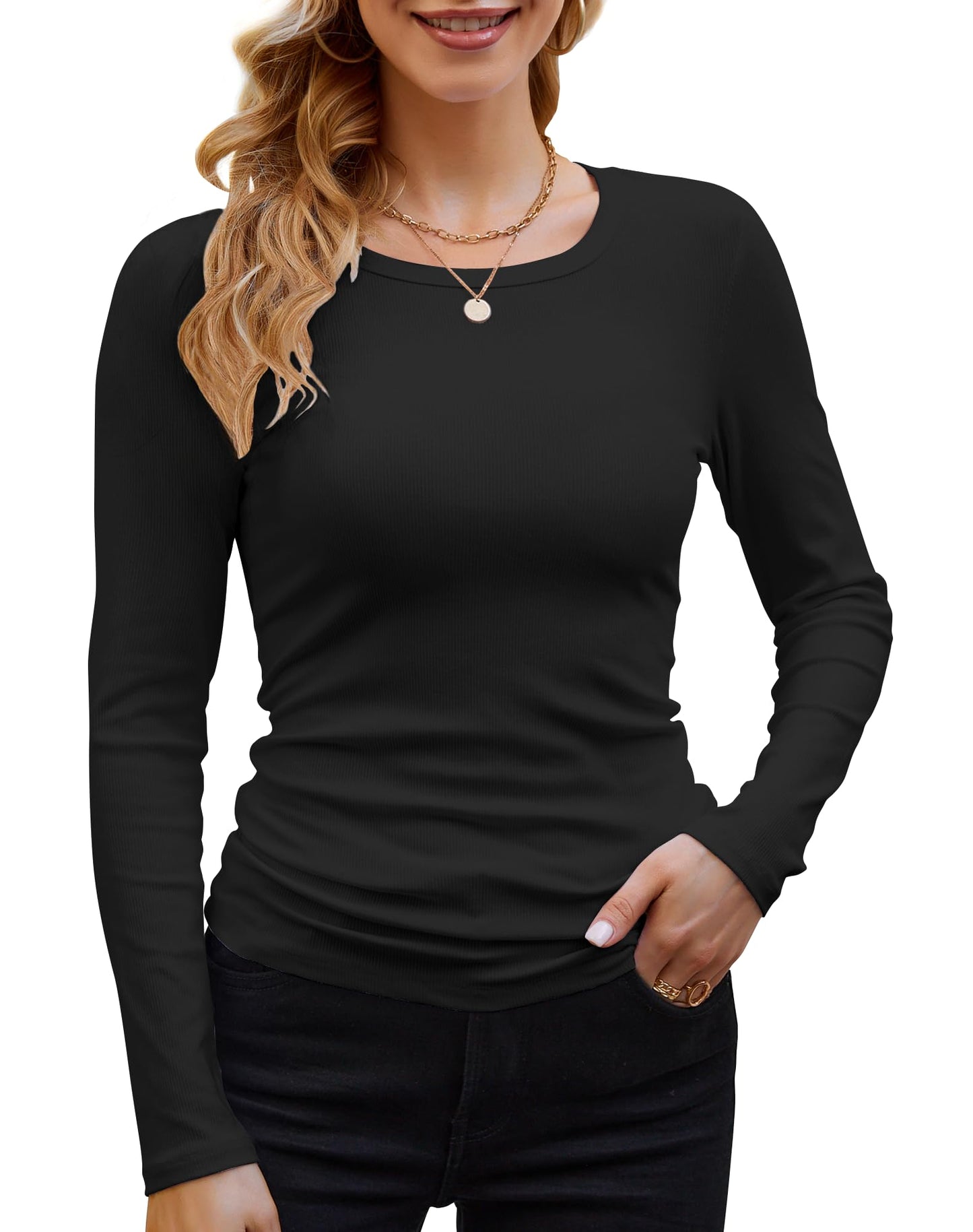 GEMBERA Womens Ribbed Long Sleeve Crewneck Casual Slim Basic Shirts Fitted Knit Tops