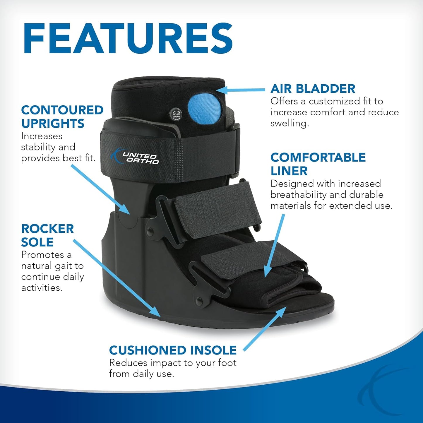 United Ortho USA14115 Short Air Cam Walker Fracture Boot, Medium, Black