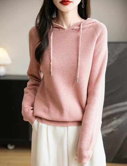 Women's Merino Wool Blend Hoodies 2025 Fall Winter Crewneck Sweatshirt Long Sleeve Knitted Sweater with Drawstring