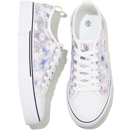 kufeiti Women's White Tennis Shoes Embroidered Sequins Low Top Canvas Shoes Comfortable Casual Fashion Sneakers