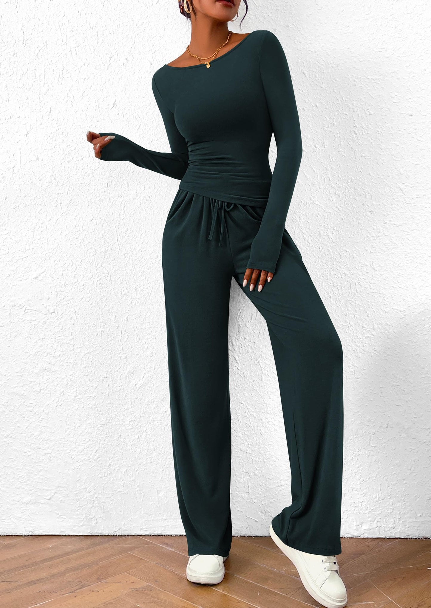 PRETTYGARDEN Women's 2 Piece Lounge Sets Asymmetrical Long Sleeve T Shirt Wide Leg Pants Casual Outfits Tracksuit