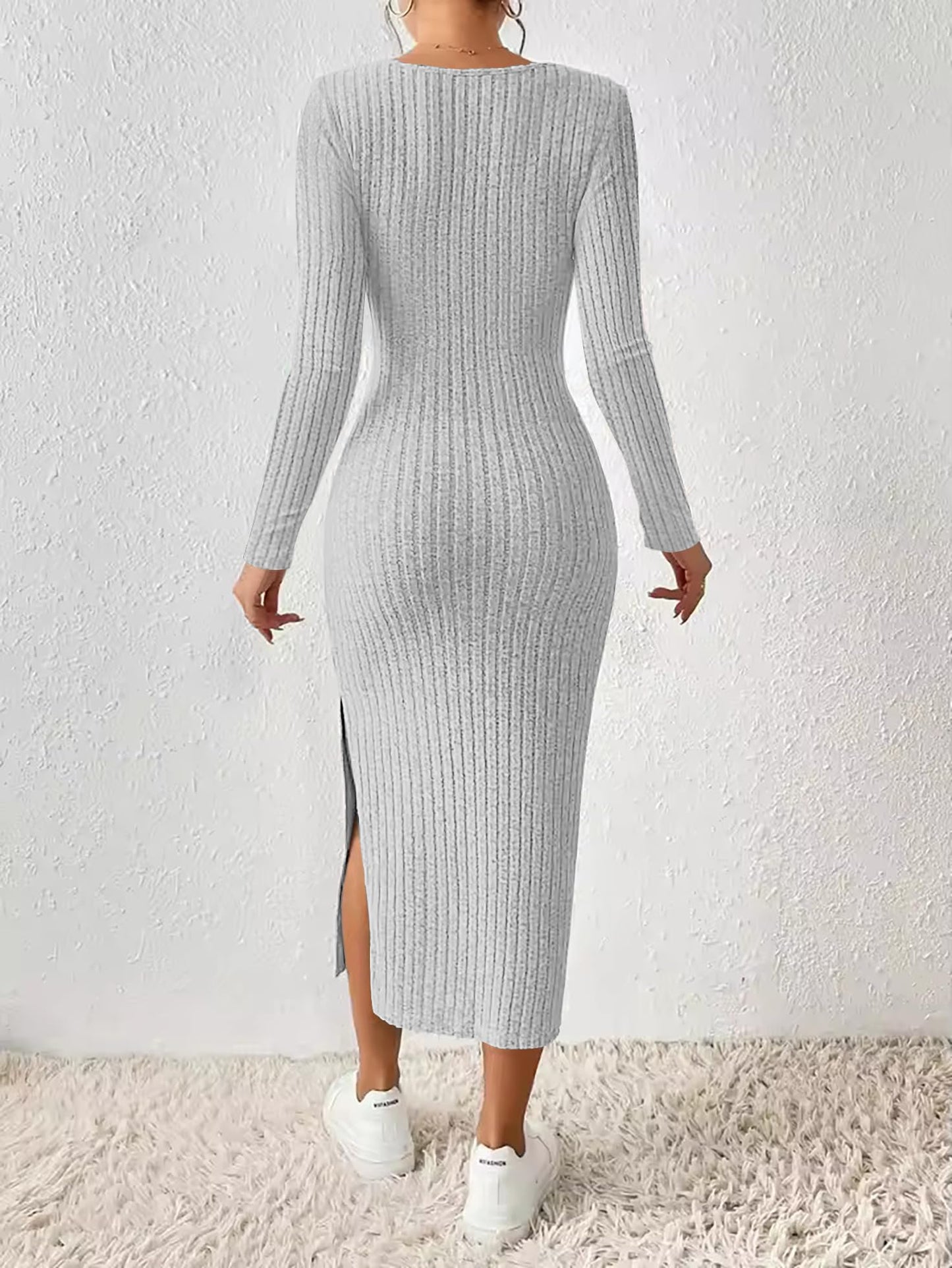 ETCYY NEW Womens Fall Dresses Square Neck Knitted Elastic Basic Winter Bodycon Versatile Slit Dress