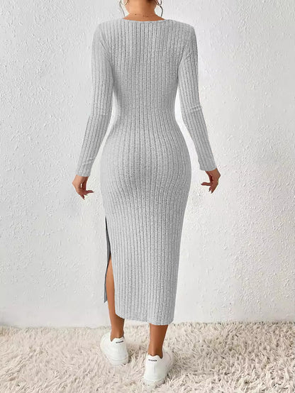 ETCYY NEW Womens Fall Dresses Square Neck Knitted Elastic Basic Winter Bodycon Versatile Slit Dress