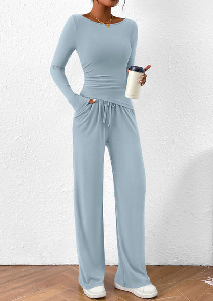PRETTYGARDEN Women's 2 Piece Lounge Sets Asymmetrical Long Sleeve T Shirt Wide Leg Pants Casual Outfits Tracksuit