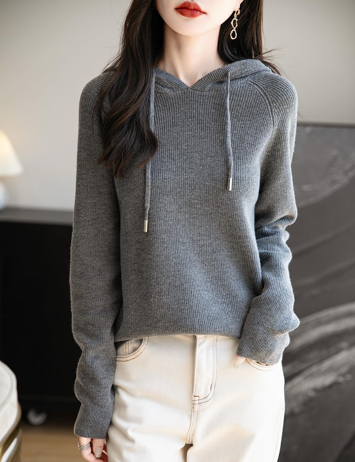 Women's Merino Wool Blend Hoodies 2025 Fall Winter Crewneck Sweatshirt Long Sleeve Knitted Sweater with Drawstring