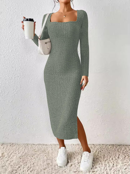 ETCYY NEW Womens Fall Dresses Square Neck Knitted Elastic Basic Winter Bodycon Versatile Slit Dress