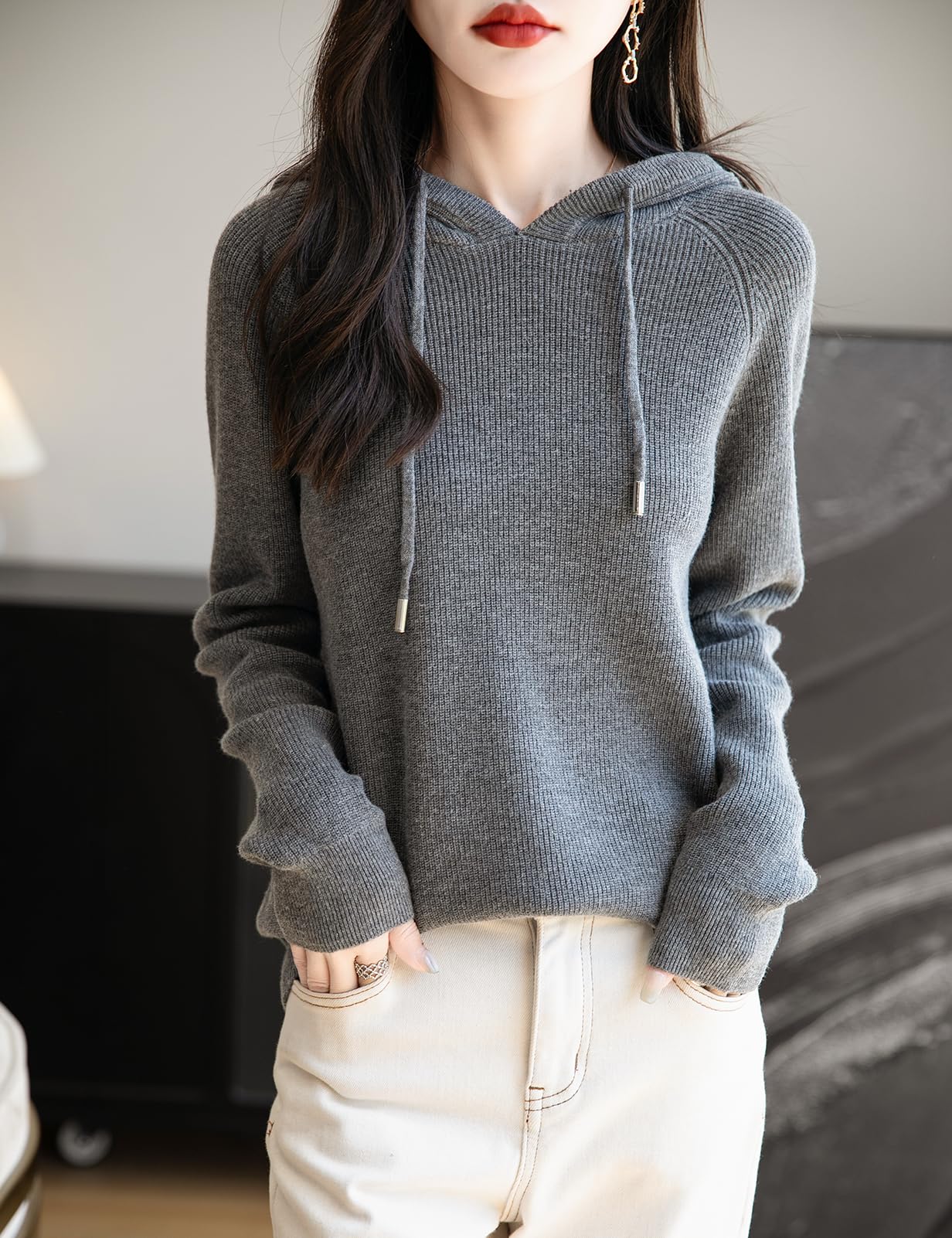 Women's Merino Wool Blend Hoodies 2025 Fall Winter Crewneck Sweatshirt Long Sleeve Knitted Sweater with Drawstring