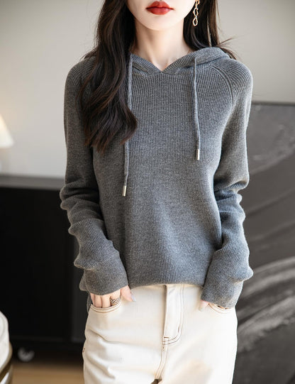 Women's Merino Wool Blend Hoodies 2025 Fall Winter Crewneck Sweatshirt Long Sleeve Knitted Sweater with Drawstring
