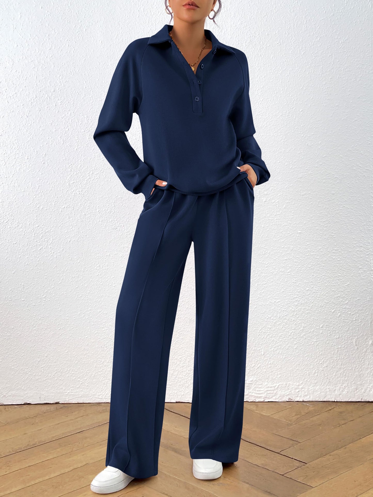 PRETTYGARDEN Women Fall 2 Piece Outfits Sweatsuits Quarter Button Long Sleeve Sweatshirt Wide Leg Pants Tracksuit Lounge Sets