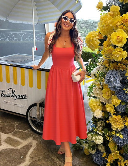 ZESICA Women's Summer Sleeveless Halter Midi Dress 2025 Off Shoulder High Waist Swing Flowy Beach Long Dresses