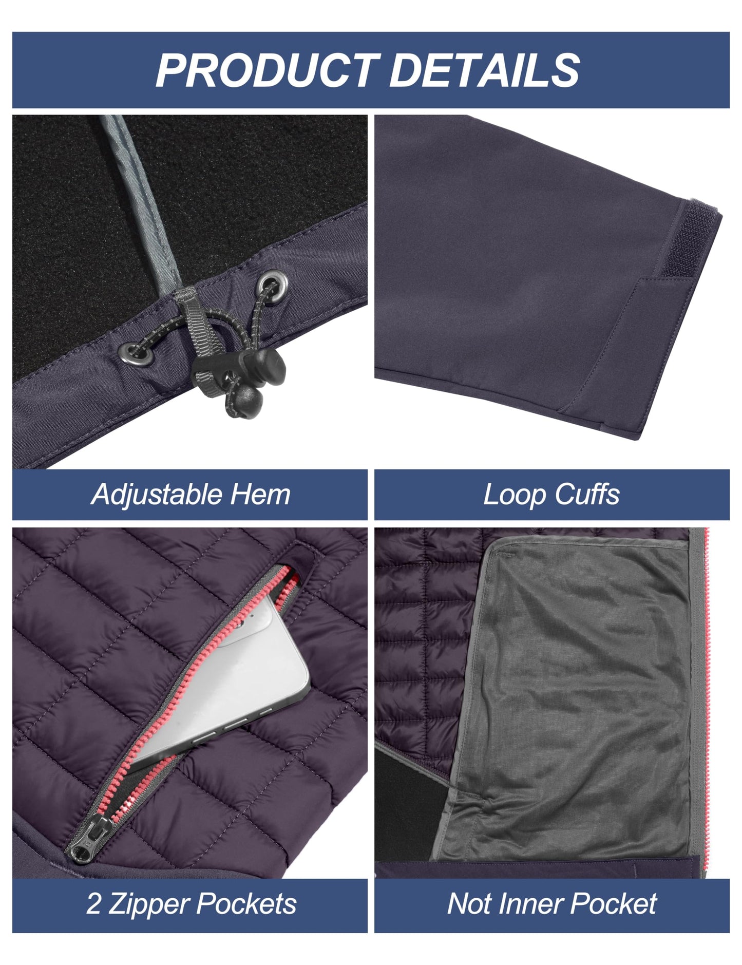 Little Donkey Andy Women's Lightweight Insulated Hybrid Jacket for Hiking Running Ski Thermal Warm with Removable Hood