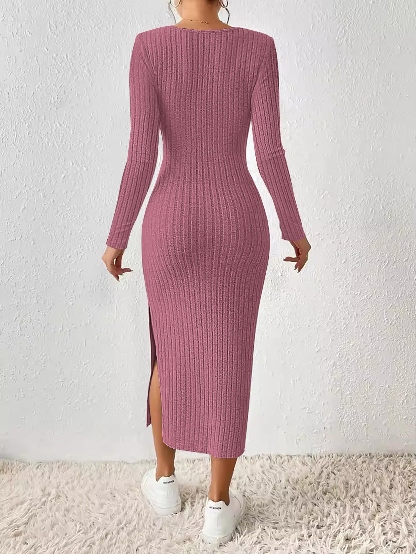 ETCYY NEW Womens Fall Dresses Square Neck Knitted Elastic Basic Winter Bodycon Versatile Slit Dress