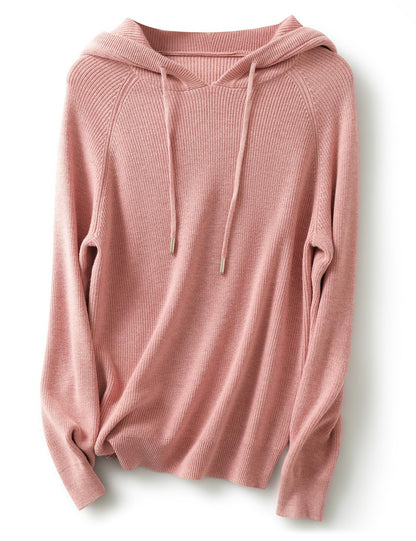 Women's Merino Wool Blend Hoodies 2025 Fall Winter Crewneck Sweatshirt Long Sleeve Knitted Sweater with Drawstring