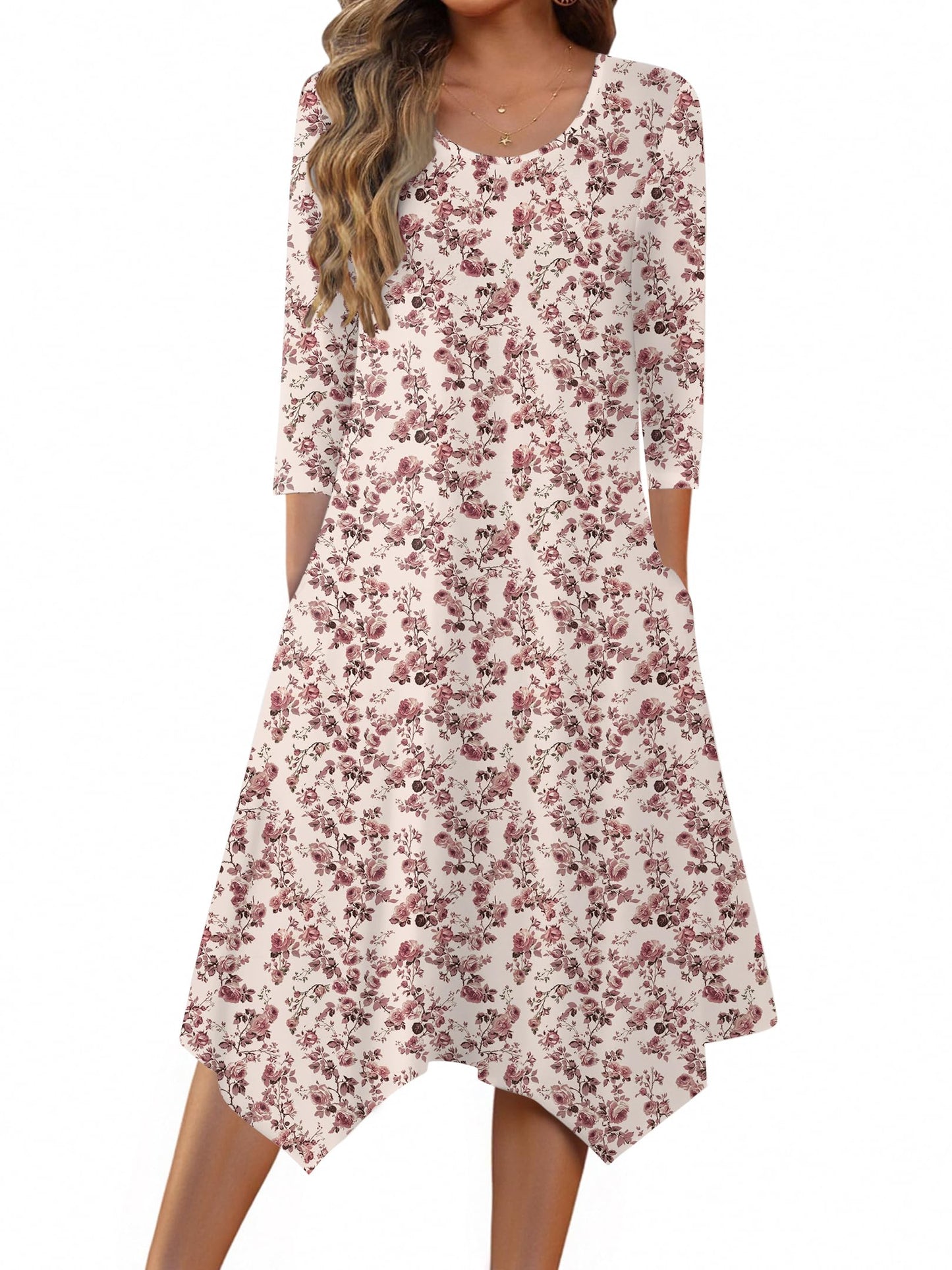 Zeagoo Midi Women 3/4 Sleeve Dress Casual Dresses with Pockets 2025 Fall A Line Dress Elegant Formal Modest Dresses