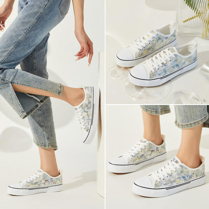 kufeiti Women's White Tennis Shoes Embroidered Sequins Low Top Canvas Shoes Comfortable Casual Fashion Sneakers