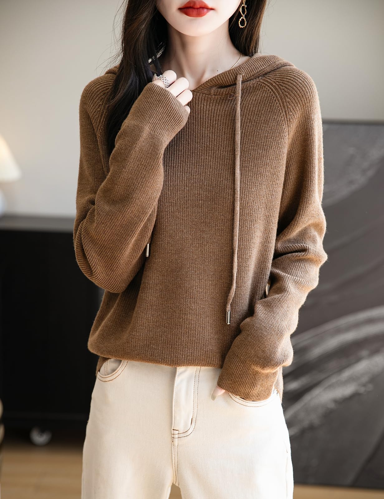 Women's Merino Wool Blend Hoodies 2025 Fall Winter Crewneck Sweatshirt Long Sleeve Knitted Sweater with Drawstring