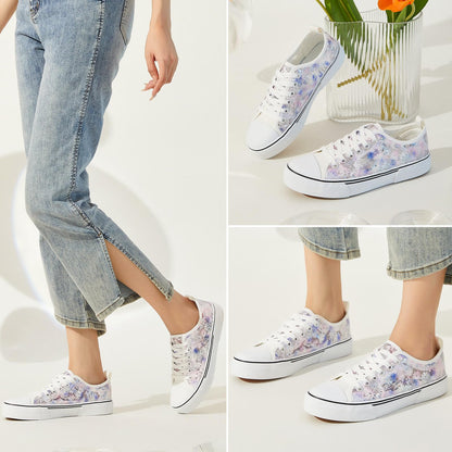 kufeiti Women's White Tennis Shoes Embroidered Sequins Low Top Canvas Shoes Comfortable Casual Fashion Sneakers